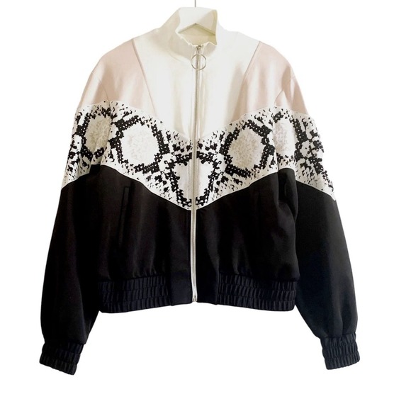 Maje Thelo Color-Blocked Neoprene Zip Track Jacket size 1/S black, white, cream - Picture 2 of 7